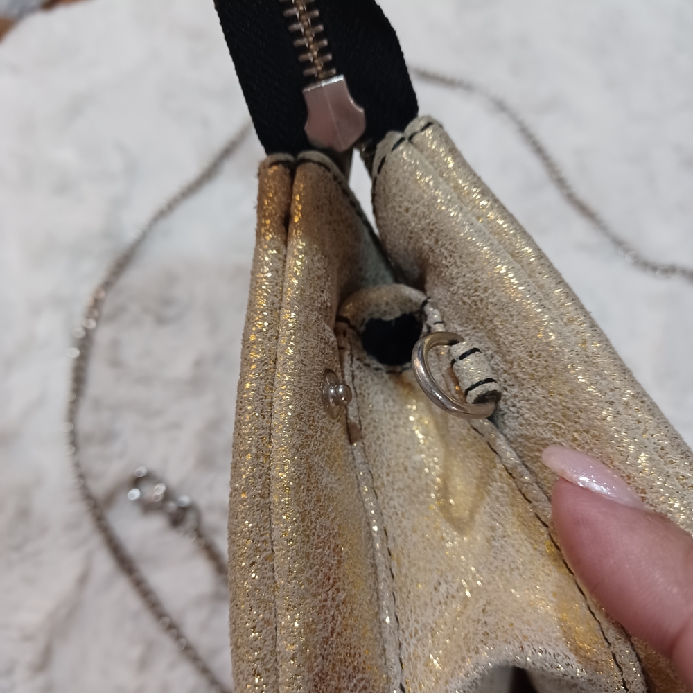Gold Evening Leather Clutch With Silver Chain Strap - Picture 4 of 7